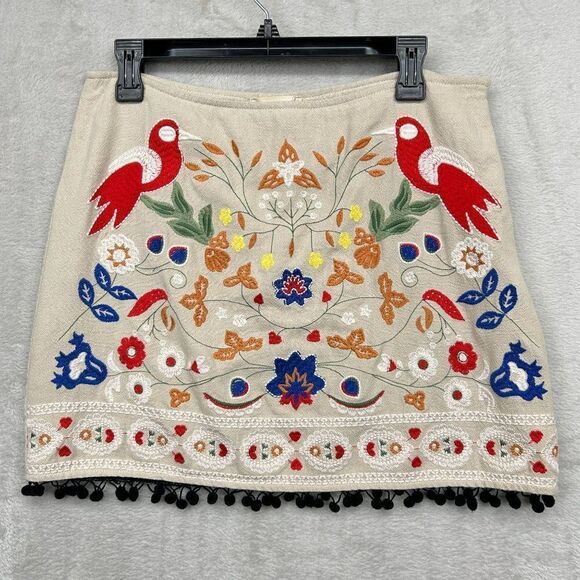 Altar'd State Dresses & Skirts - Altar'd State Womens Tan Linen Blend Embroidered Bird Flower Skirt Sz L Large